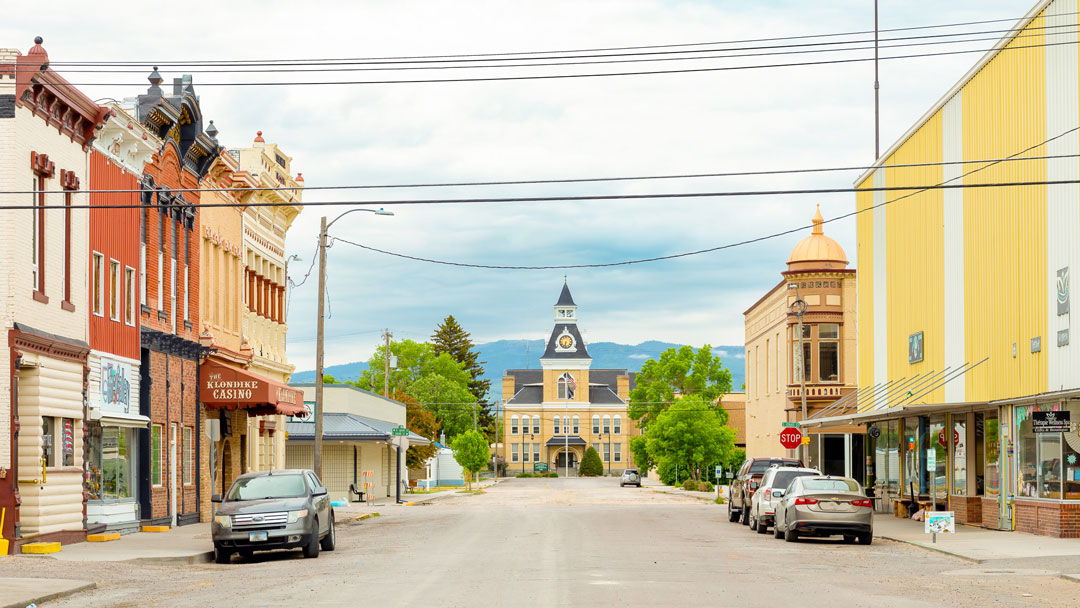 The main street in Dillon with the focus on the Beaverhead County Courthouse at the end of the street.